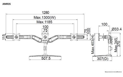 Fully Dimensioned Triple Monitor Mount Diagram (front and side view)
